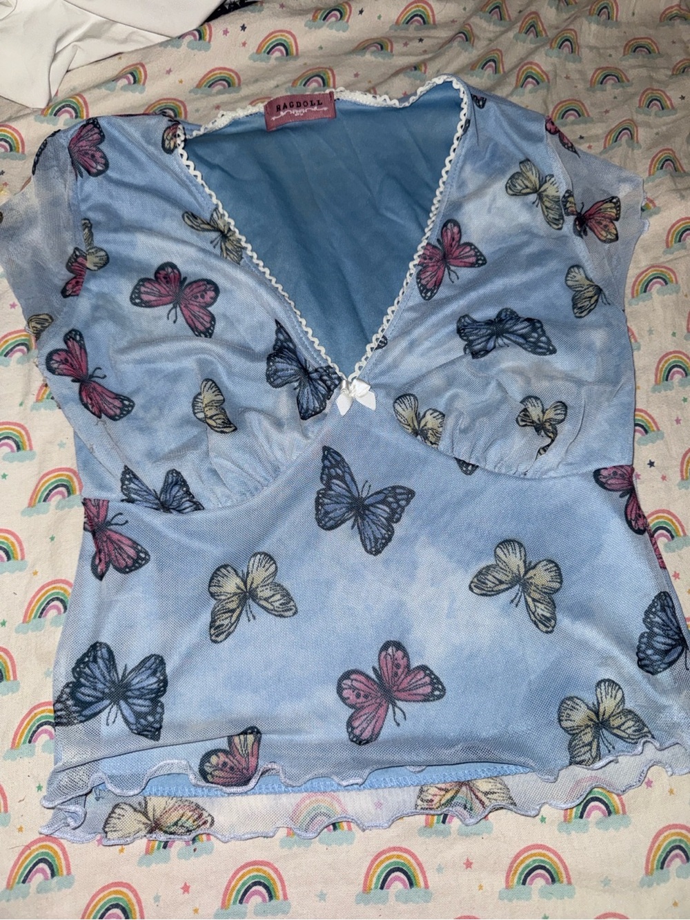 Ragdoll Light Blue Butterfly Mesh V-Neck Camisole